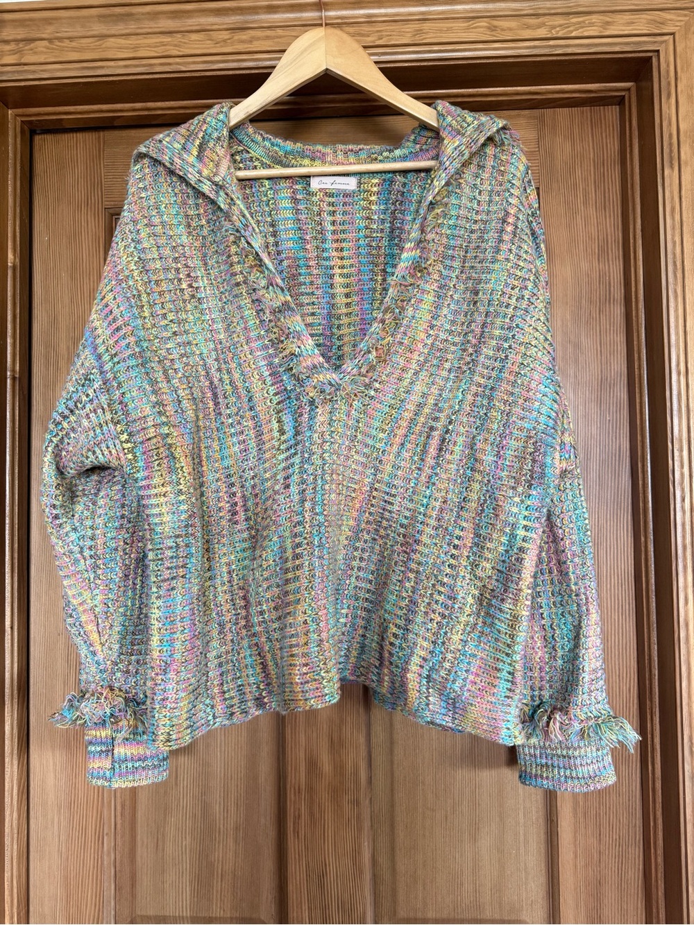Multicolor V-Neck Hooded Knit Sweater - Women